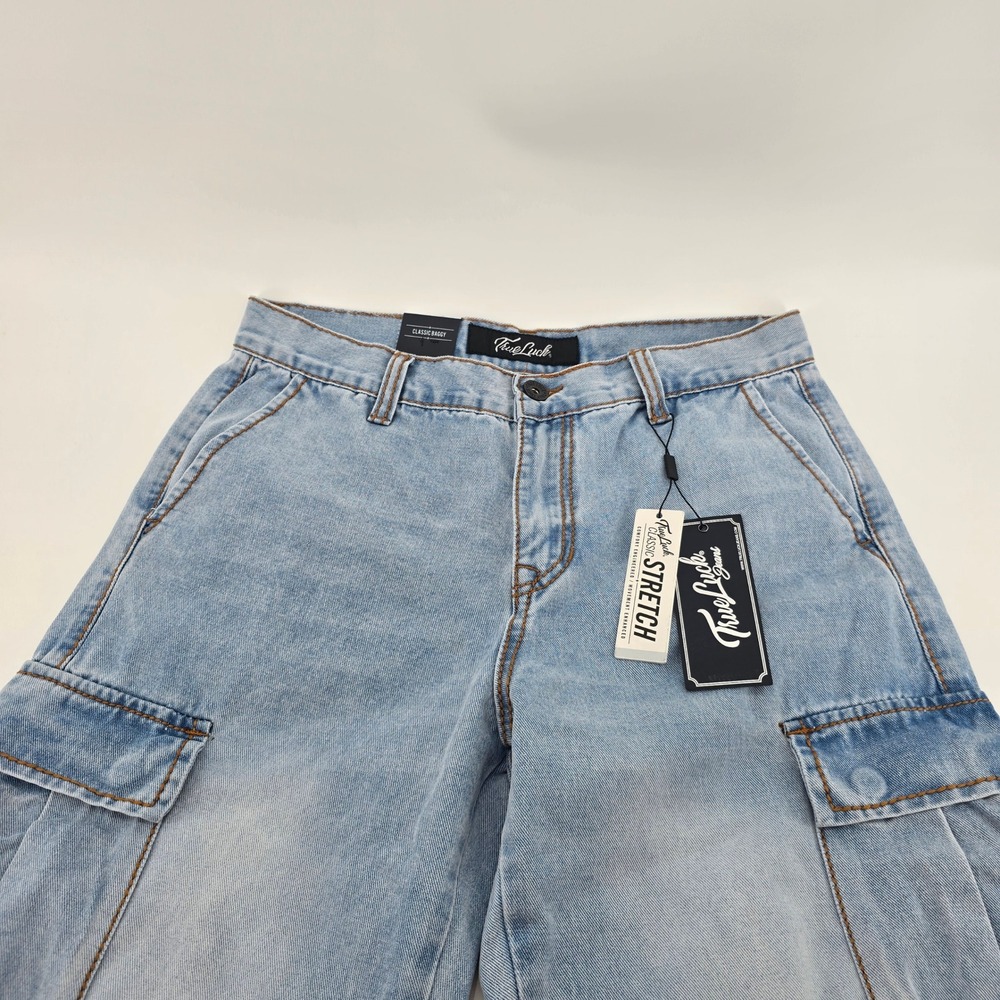 True Luck Cargo Jeans Mens Classic Baggy Stretch Light Wash Blue 32x32 NWT